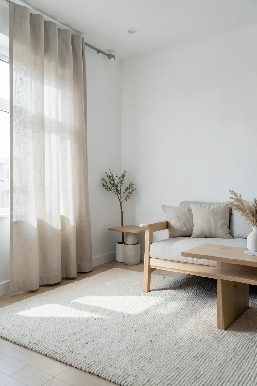 Neutral texture layering with wool rug, linen cushions, and light oak surfaces in a minimalist apartment