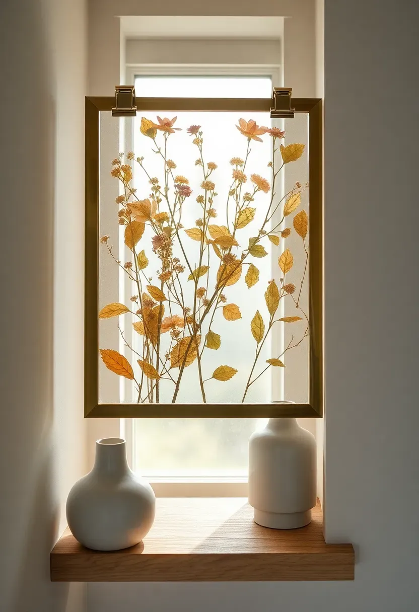 Pressed wildflowers and dried leaves arranged between two sheets of glass in a brass floating frame on a bathroom shelf