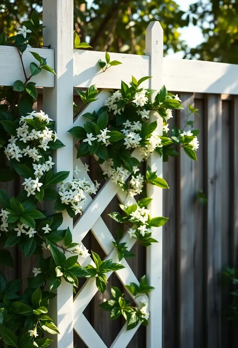 White lattice trellis panel with blooming jasmine climbing vines against a backyard fence with dappled afternoon sunlight