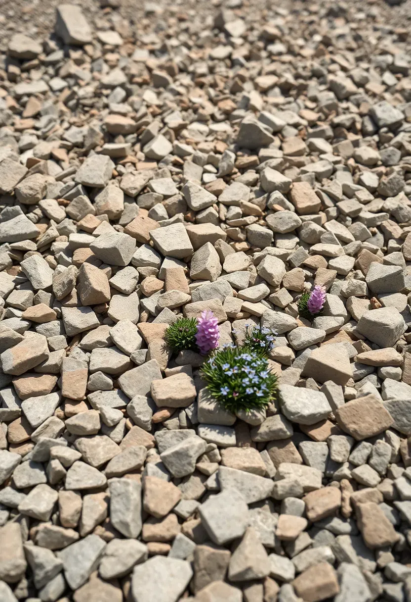 Wild scree garden with loose angular stone chips, cushion plants, silver saxifrage, and tiny alpine phlox filling crevices in a naturalistic rocky slope