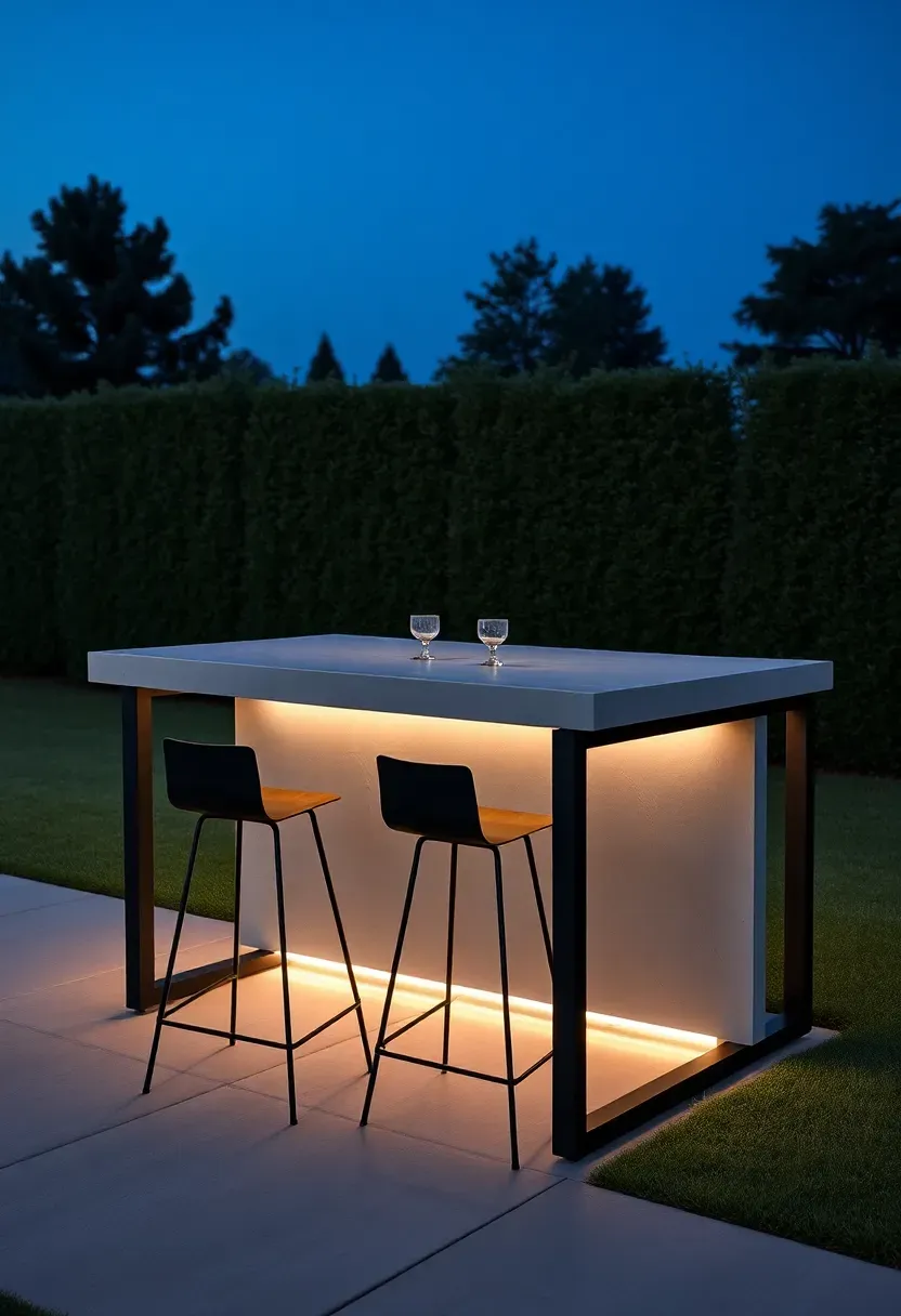 Sleek modern outdoor bar with poured concrete countertop, black steel frame, minimalist stools, LED strip lighting, and a manicured backyard at twilight