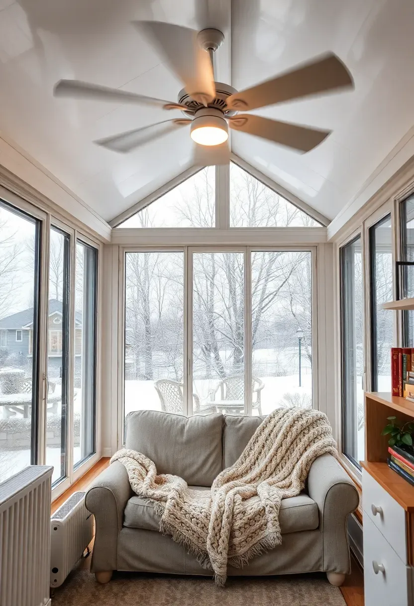 Fully weatherproofed back porch sun room with insulated panels, ceiling fan, and cozy four-season furnishings
