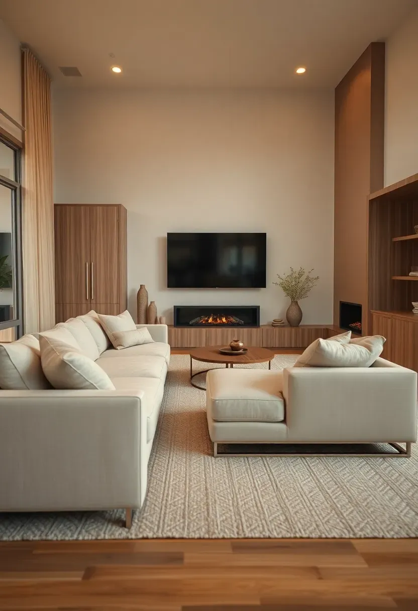 L-shaped seating facing the fireplace wall