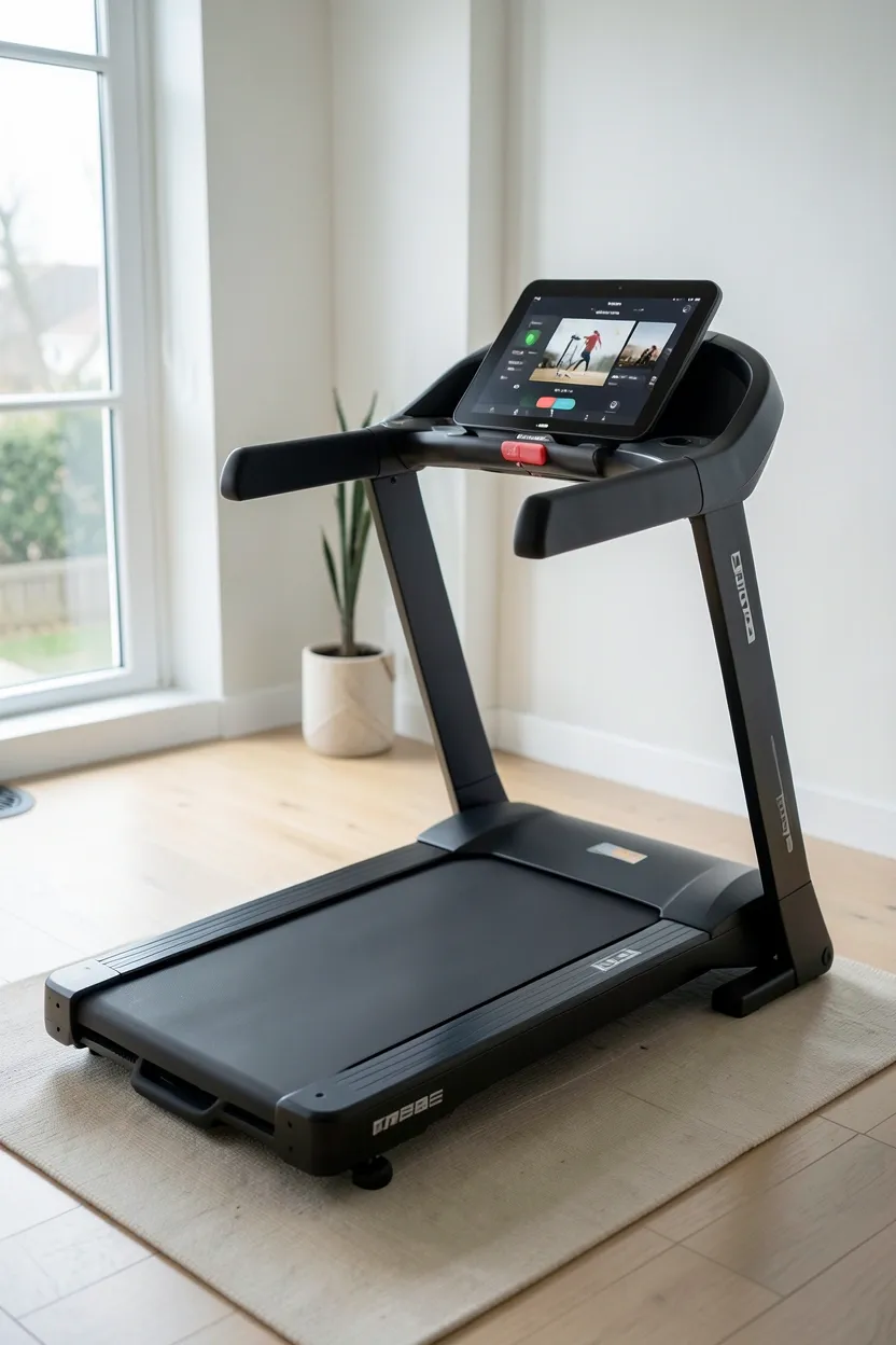 Compact foldable treadmill with touchscreen display in a light gray apartment workout room — space-saving cardio equipment for renters