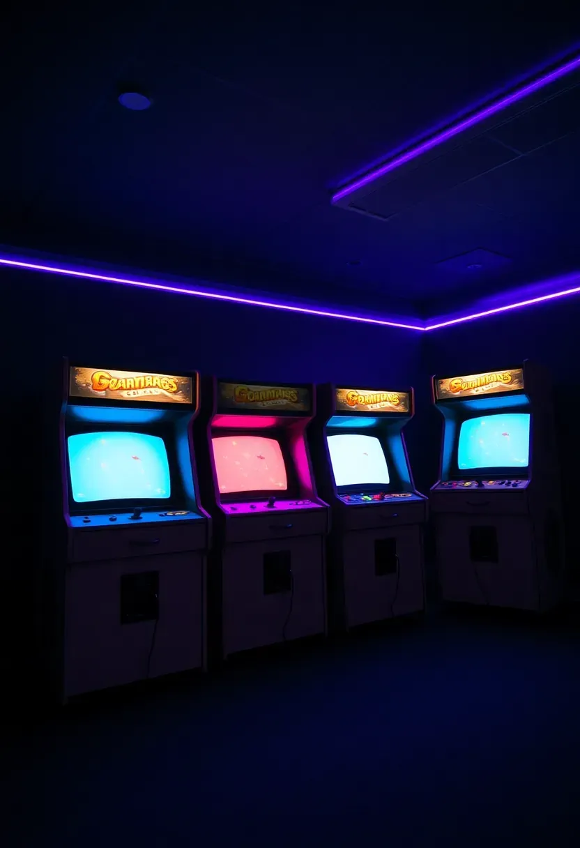 row of classic arcade cabinets with glowing screens in a dim basement with neon accent lighting on the walls