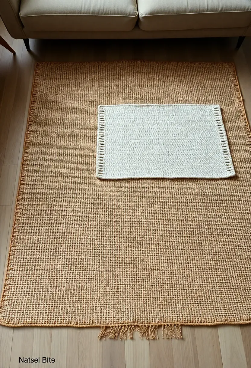 Hyper-realistic top-down view of a layered rug arrangement in a Scandinavian living room. Base: large natural jute rug with visible weave texture and variegated tan tones. Top: smaller off-white wool rug centered, with subtle texture. Light oak flooring visible around edges. Minimal furniture legs (sofa, coffee table) visible at perimeter. Materials: jute fiber, wool weave, oak wood. Soft natural lighting, clean composition. No text, no logos, no watermarks.</p>