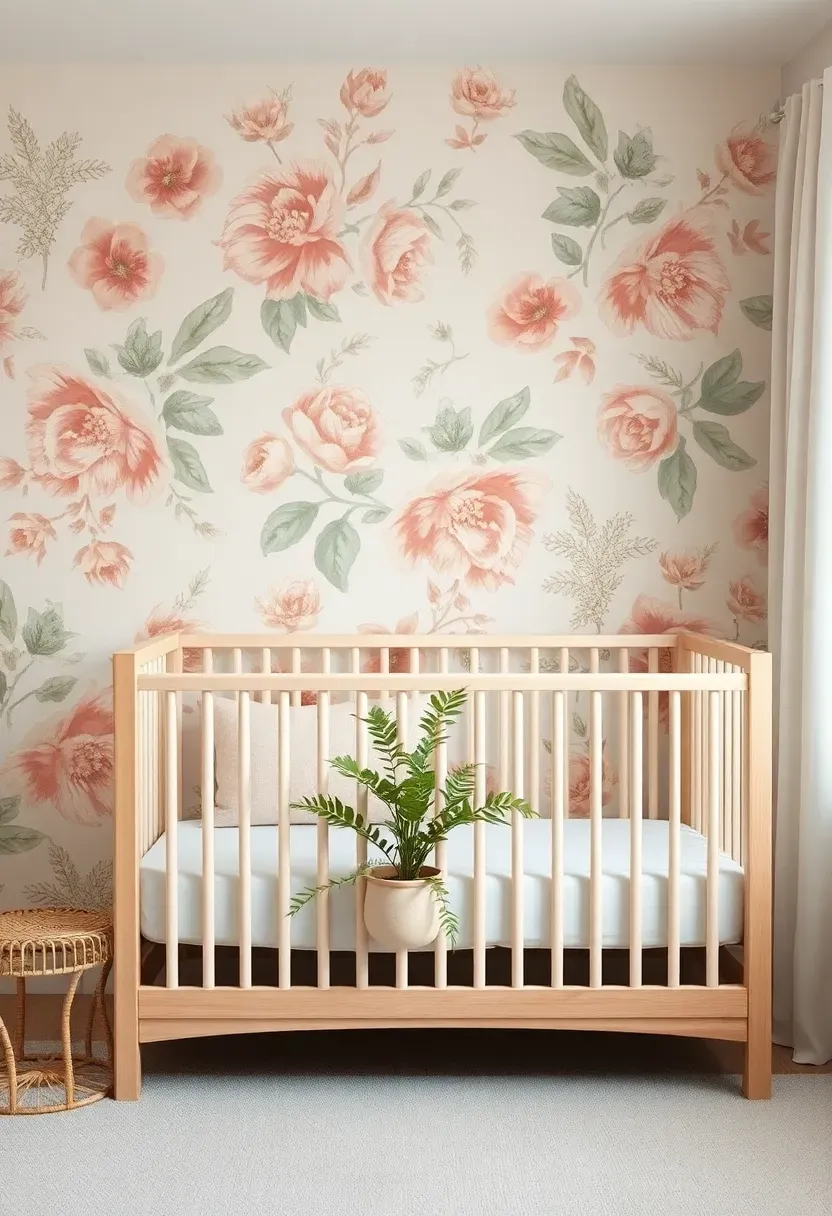 baby girl nursery with botanical floral accent wall in soft pink and green