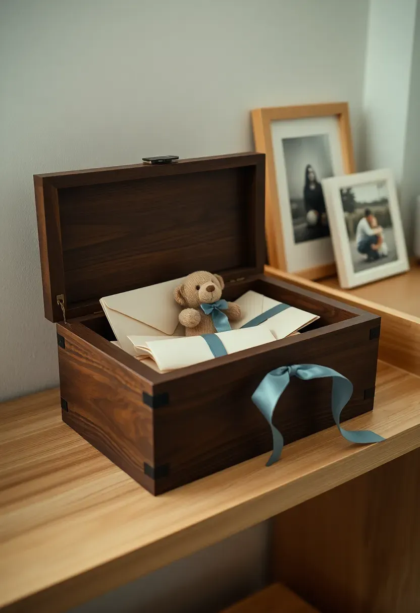 decorated time capsule gift box with baby keepsakes and sealed letters on a shelf