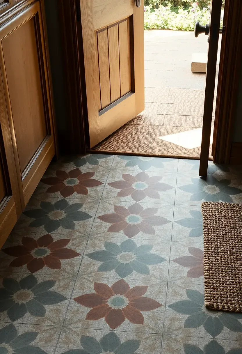 Encaustic patterned floor tiles in geometric earth tones in a craftsman entryway with oak door frame