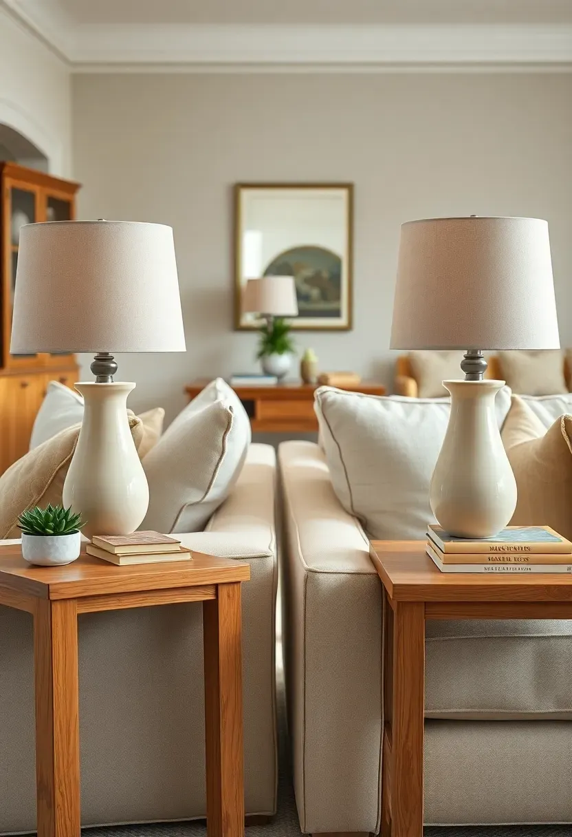 Two matching side tables flanking a sofa with symmetrical but not identical styling