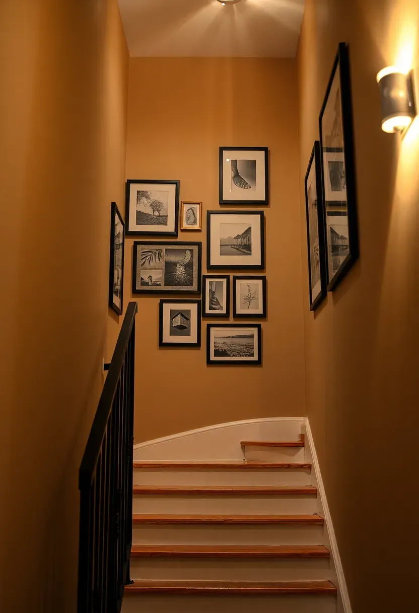 Basement stairwell with a curated gallery wall of framed photographs and art prints arranged in a descending diagonal pattern along the staircase
