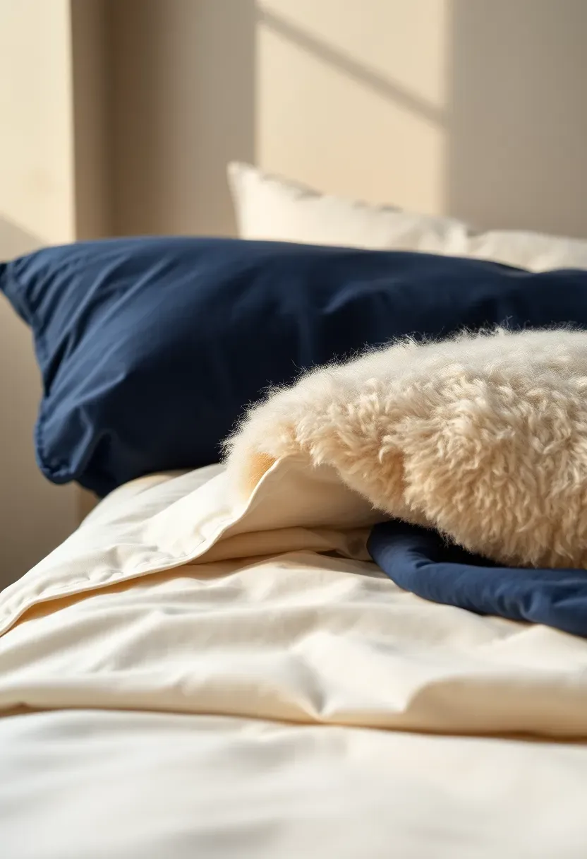 Tonal navy bedding with a mohair throw