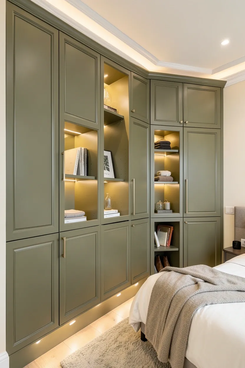 Floor-to-ceiling olive green linen curtains in a bright bedroom with cream walls and natural wood floors — rental bedroom window treatment idea