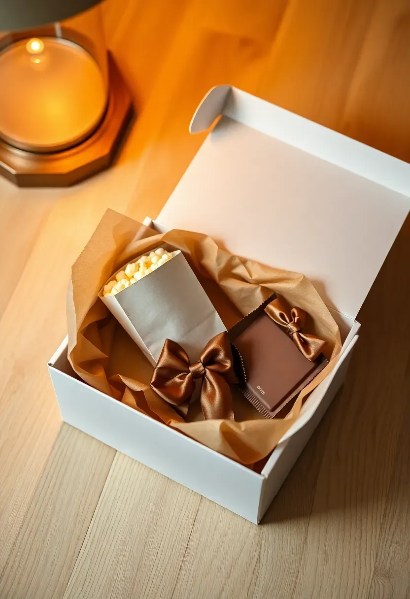 movie night kit with popcorn bag hot cocoa packet and chocolate bar in white gift box with ribbon