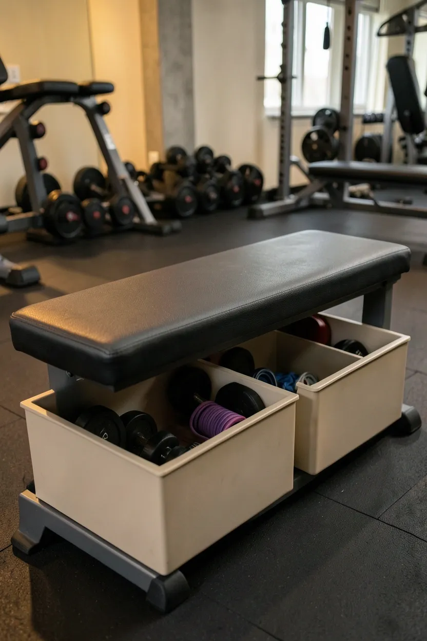 Under-bench pull-out storage bins beneath a workout bench holding resistance bands and gym accessories — hidden home gym equipment storage using underused space