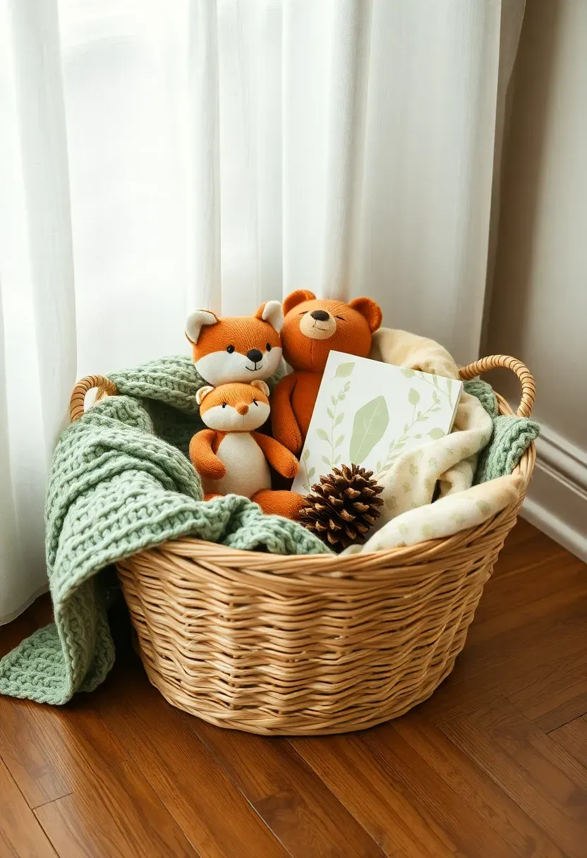 gender-neutral woodland themed baby basket with forest animal plushies sage green blanket pine cone accents and a nature sounds book