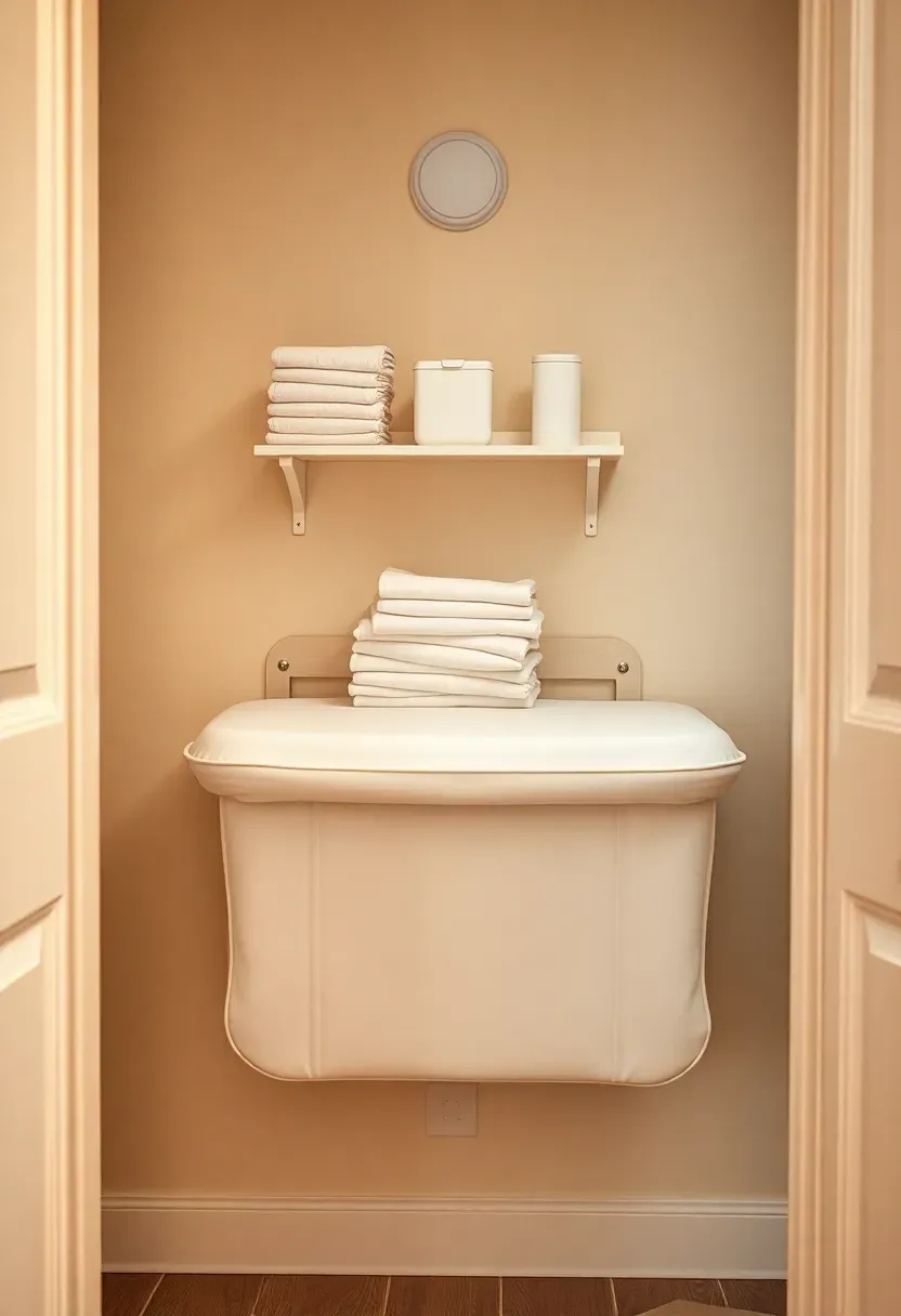 nursery closet converted into a changing station with a fold-down changing pad, shelves of diapers, and a small light fixture