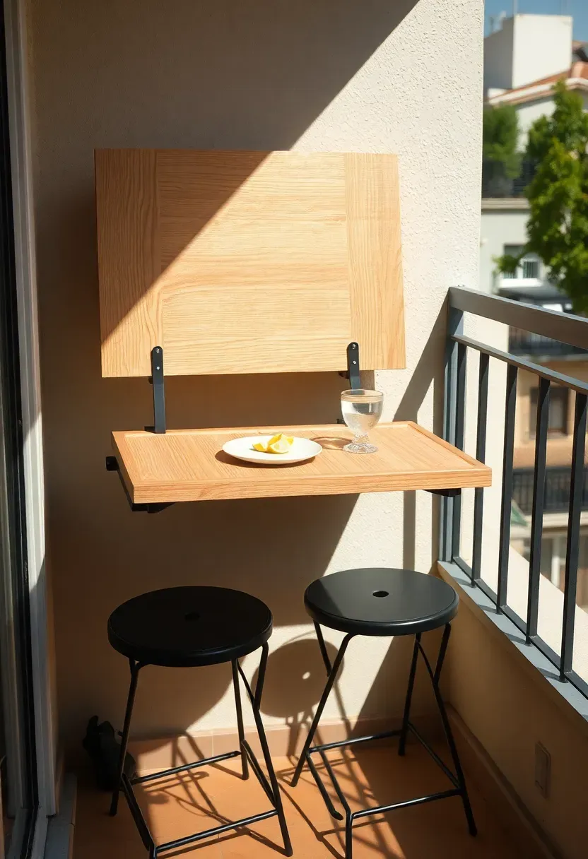 Wall-mounted foldable wooden table folded down for use on a small apartment patio with two stools