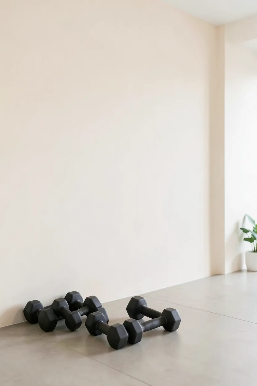 Minimal home gym with soft beige neutral wall color and light rubber flooring — calm, unstimulating palette that promotes focus during workouts