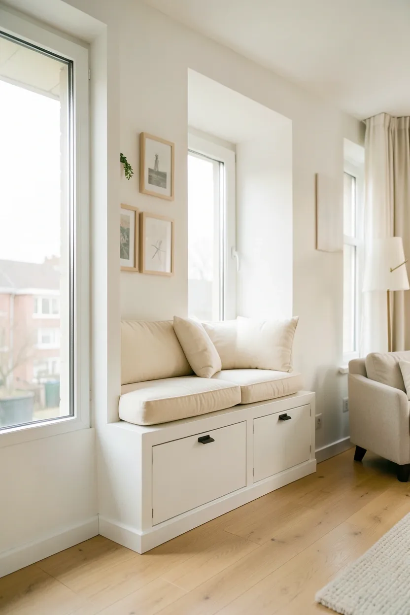 Cozy Scandinavian window seat with cream cushion, linen throw pillow, and storage drawers underneath