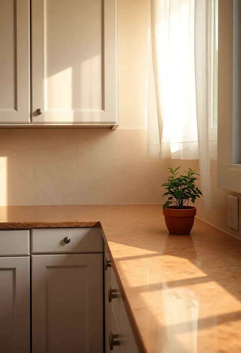 honed travertine ivory backsplash with white cabinets and speckled granite countertops in a sun-filled kitchen