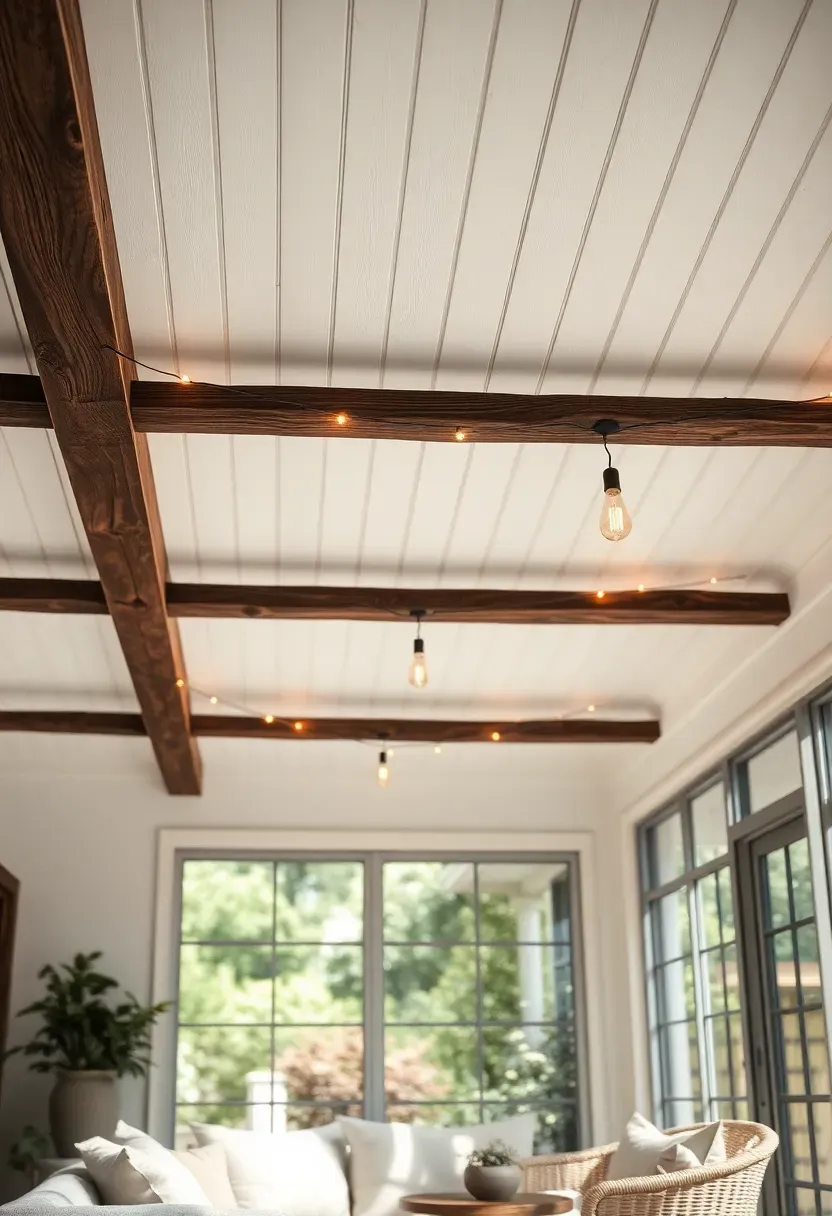 Farmhouse sunroom with exposed reclaimed wood ceiling beams in dark brown, white shiplap walls, linen furniture, and bright garden windows