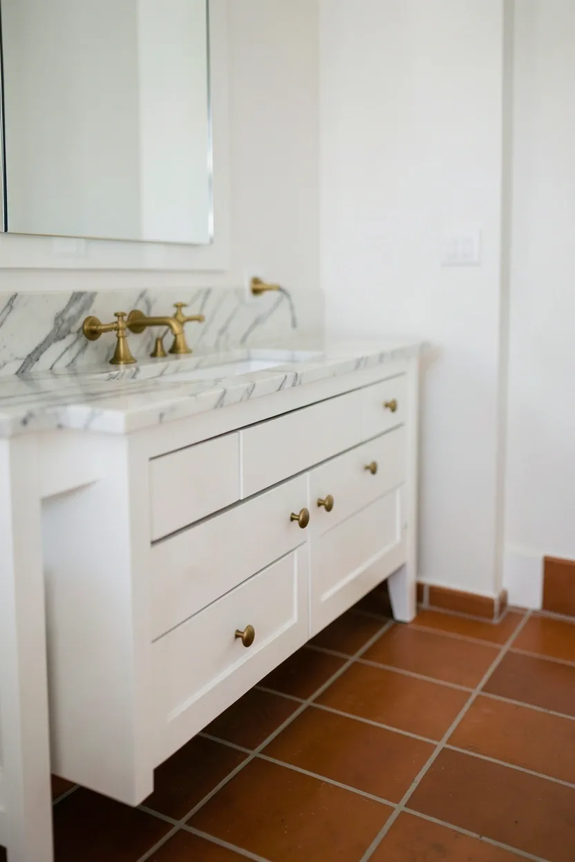 Terracotta tile wainscoting to chair-rail height in a traditional bathroom with white walls above and decorative trim
