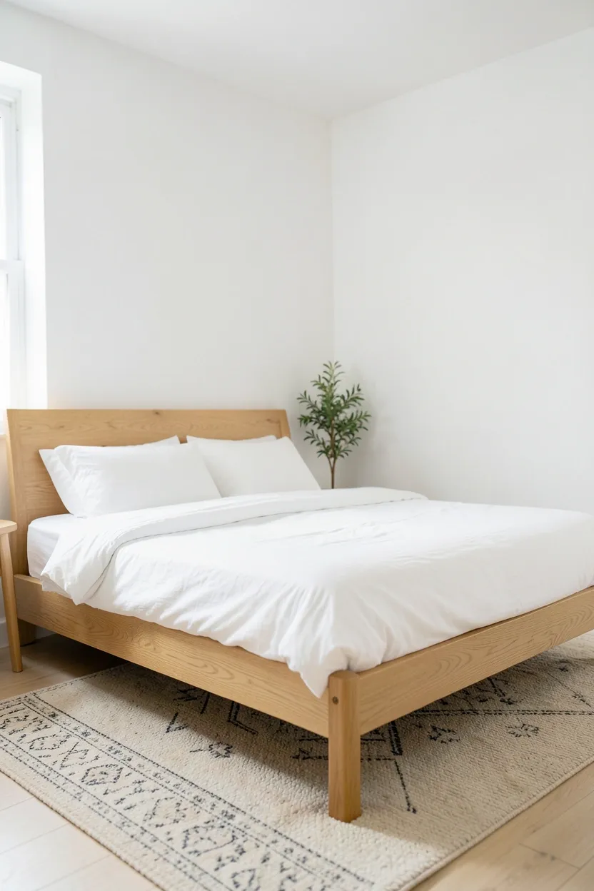 Boho-Scandi bedroom with light birch furniture, white walls, macrame wall hanging, patterned rug, and potted plants on wooden shelves