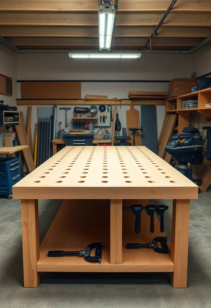Large assembly table in a garage workshop with built-in clamp storage slots along the edges and dog holes across the surface