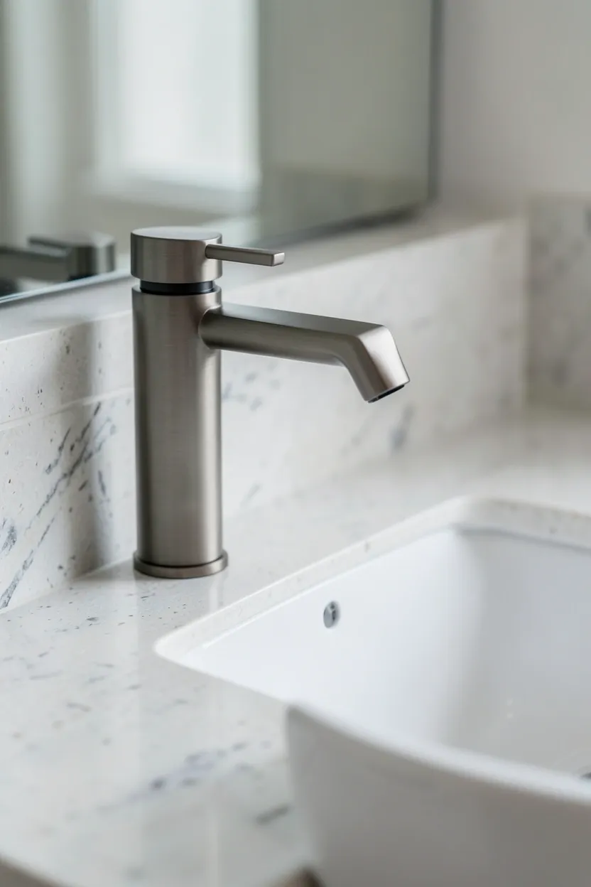 Light oak wooden ladder leaning against a white bathroom wall with rolled neutral towels as budget renter-friendly decor