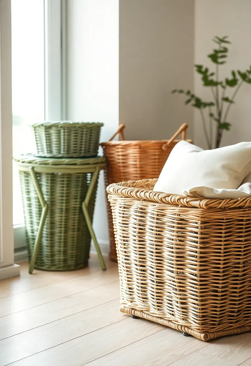 Set of wicker baskets and a small side table freshly painted in sage green sitting in a sunroom