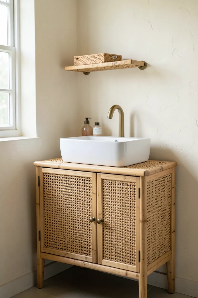 Hyper-realistic 3/4 view of boho bathroom with bamboo woven vanity cabinet featuring woven front panels and brass hardware, white vessel sink on top, brass faucet. Cream plaster wall background with small rattan shelf. Natural diffused light from window. Materials: woven bamboo, white ceramic sink, brass fixtures. Clean minimalist boho composition. No text, no logos, no watermarks.</p>