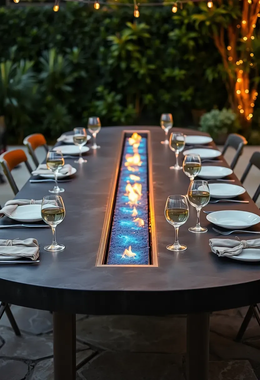 An oval outdoor dining table with a gas fire trough running through the center, set for dinner on a stone patio