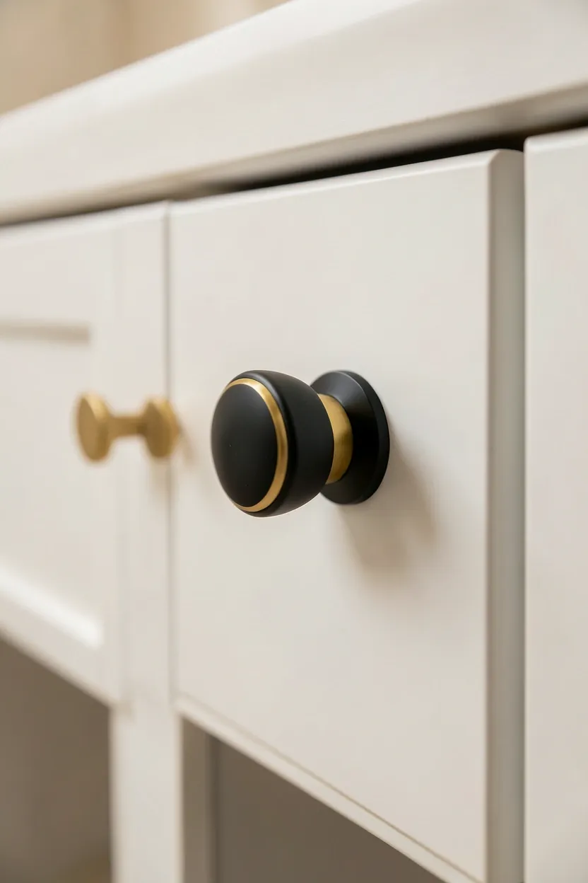 Matte black cabinet pulls replacing dated brass knobs on a white bathroom vanity — quick budget hardware upgrade for renters