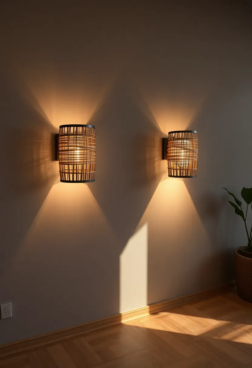 Hyper-realistic 3/4 view of an earthy modern living room featuring reed sconces with natural woven texture mounted on warm gray plaster wall.