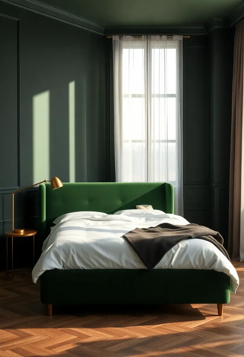 dark green masculine bedroom with velvet headboard and gold floor lamp