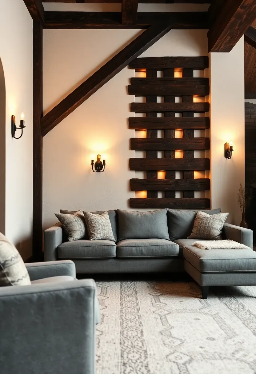 Faux exposed timber beam accent wall with dark stained beams against white plaster in a rustic basement family room