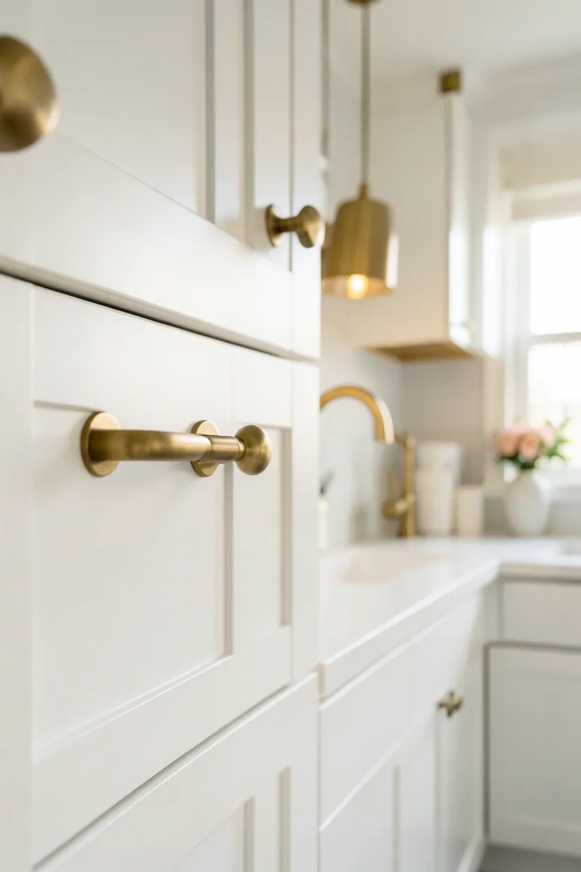 Brushed brass faucet and cabinet pulls contrasting against white cabinetry with warm undertones in an organic modern kitchen
