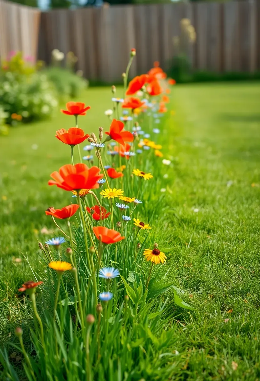 A long strip of wildflowers including poppies, cornflowers, and black-eyed Susans swaying in a backyard breeze with a mown lawn edge