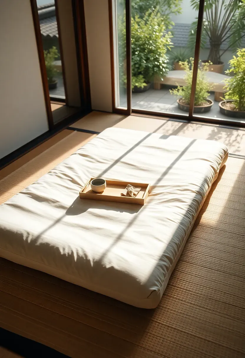 Floor-level futon mattress on tatami mats in a minimalist sunroom bedroom, Japanese-inspired low table, morning light streaming across clean lines and warm wood tones