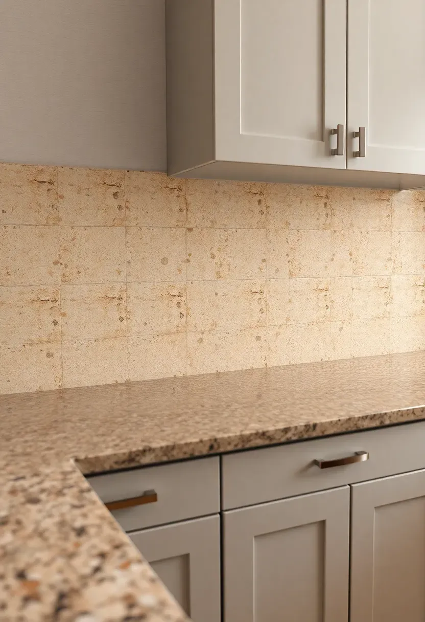 terrazzo-look large format porcelain tile backsplash with warm aggregate in kitchen with fantasy brown granite countertops