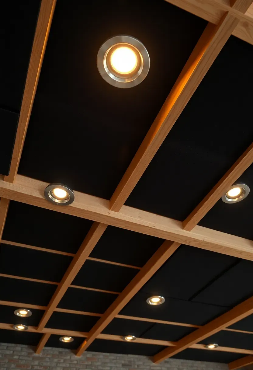 Basement ceiling with rows of dark gray fabric-wrapped acoustic panels installed between exposed joists, recessed LED downlights between panels, and a clean finished look