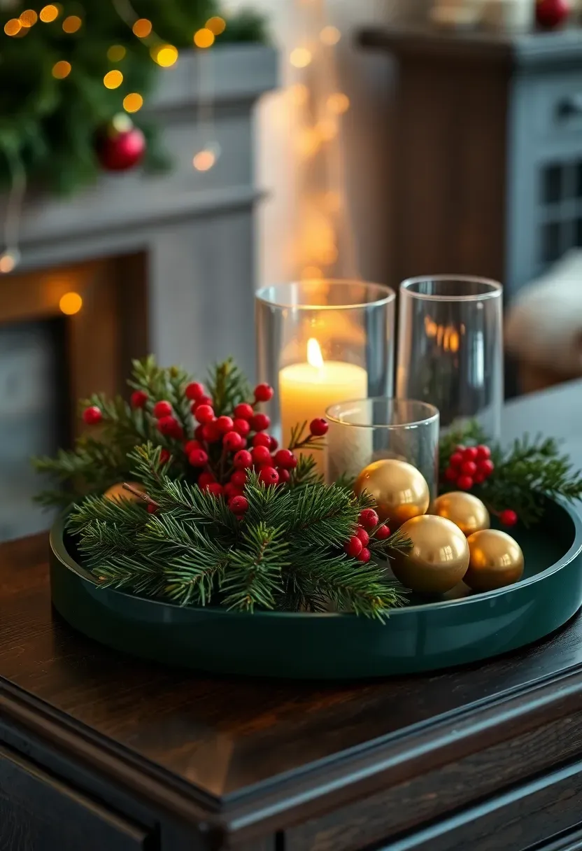 Holiday festive round tray with pine sprigs red berries and gold ornament ball