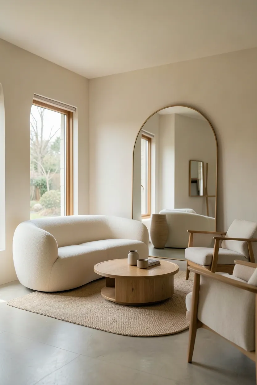 Organic-shaped rounded sofa and circular coffee table in a minimalist Japandi living room with cream and natural wood tones