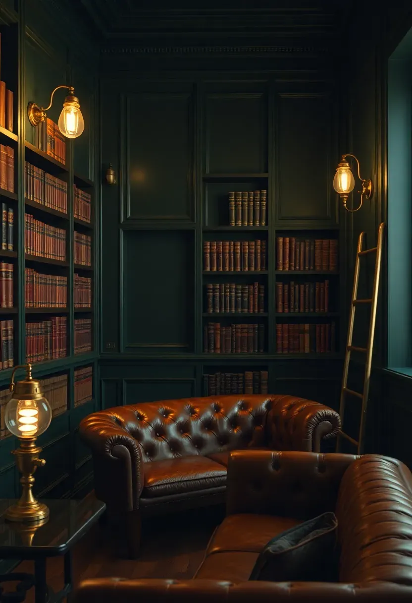 Hyper-realistic 3/4 view of a moody home library with forest green paneled walls and brass library lights. Walnut built-in bookshelves filled with antique leather-bound books, a cognac leather tufted sofa, brass table lamps with warm glowing bulbs, and a brass ladder on a track. Materials: walnut wood, brass fixtures, forest green paint, leather sofa. Warm intimate lighting from brass sconces, creating rich glow and highlighting leather and brass tones. Sophisticated dramatic mood like a private London club. Shallow depth of field, sharp brass details, no text.</p>