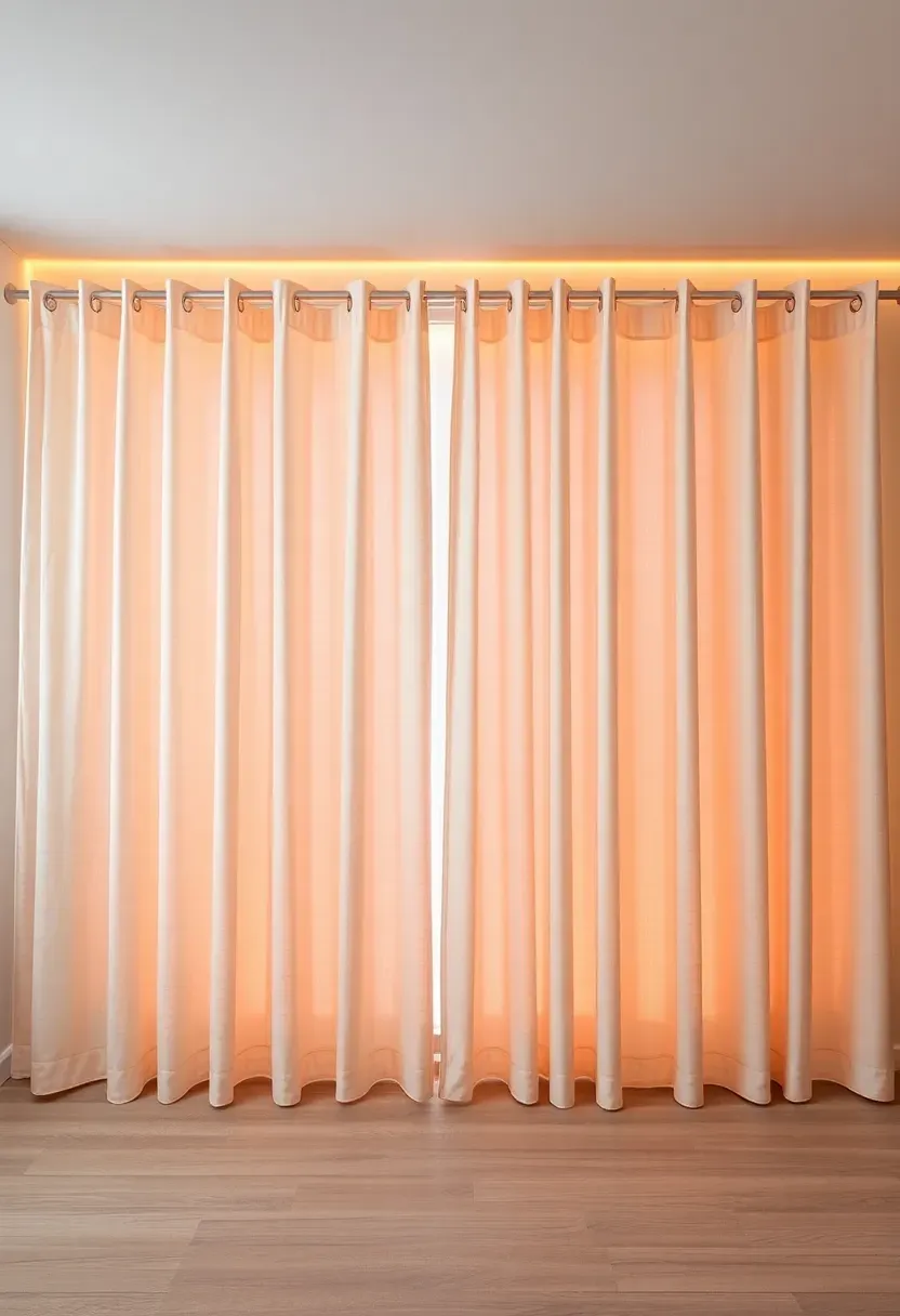 Floor-to-ceiling sheer linen curtains hung from a ceiling track dividing a basement space with warm backlight glowing through the fabric
