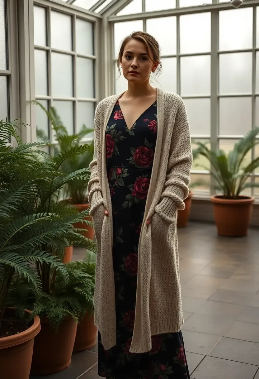 guest at a winter baby shower wearing a floral maxi dress layered with a long cream cardigan
