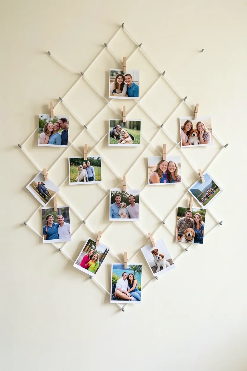 Photo string art display on a teen bedroom wall with mini clothespins clipping polaroids to string lines