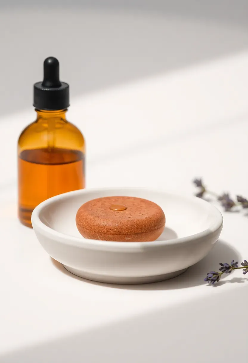 small terracotta diffuser stone with essential oil drops on a ceramic dish beside a bottle of lavender oil