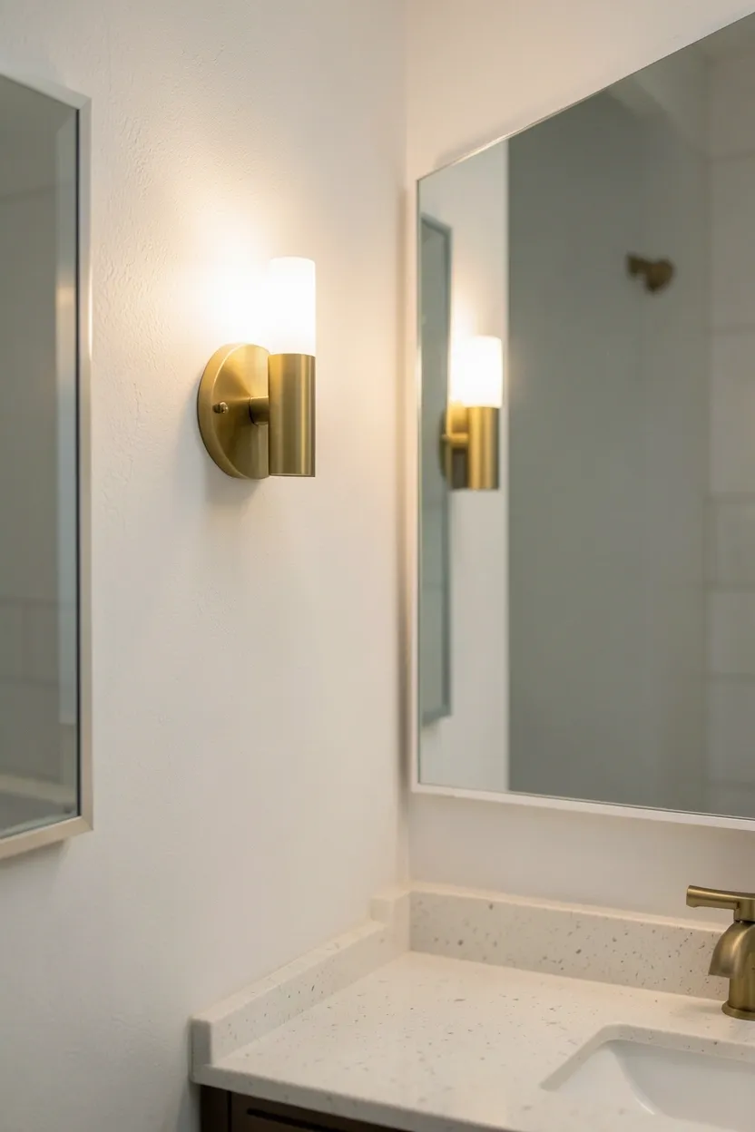 Pair of plug-in wall sconces mounted on either side of a bathroom mirror, casting warm ambient light in a rental apartment bathroom